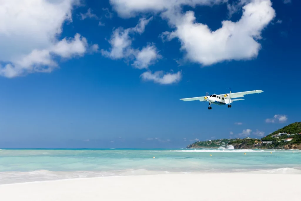 avion au dessus d'une plage en sable blanc