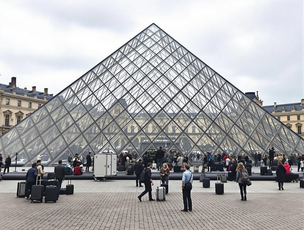 Visiteurs devant le musée du Louvre